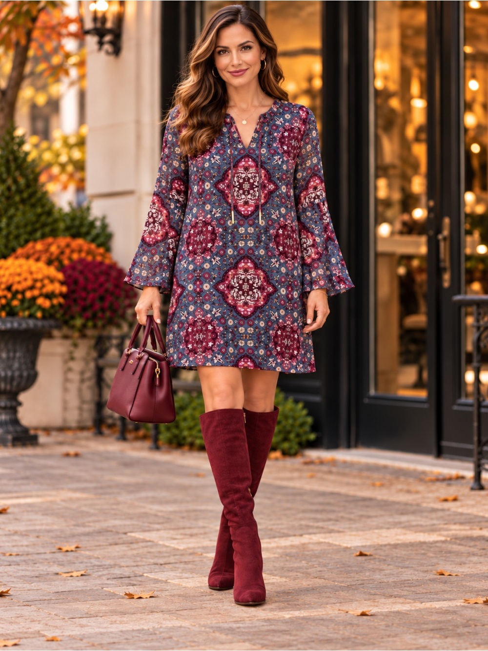 White House Black Market Burgundy and Navy Medallion Print Shift Dress